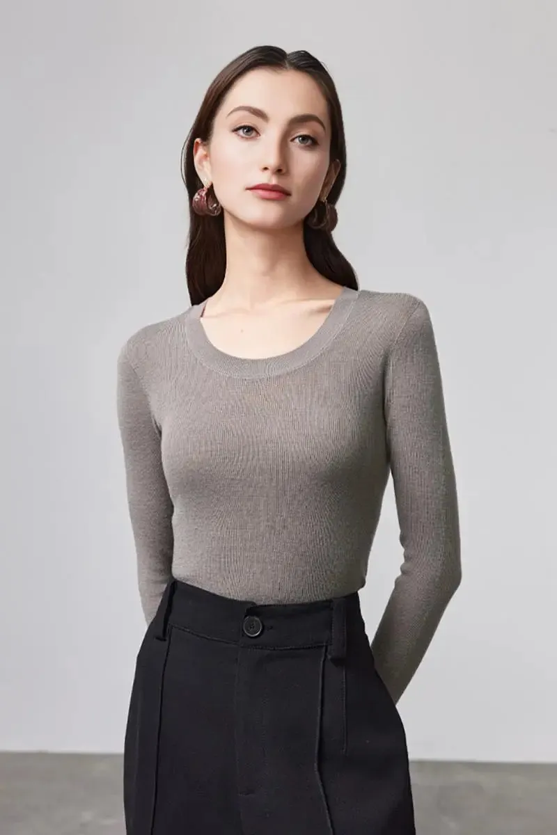 Wool Silk Seamless Knit U Neck Sweater