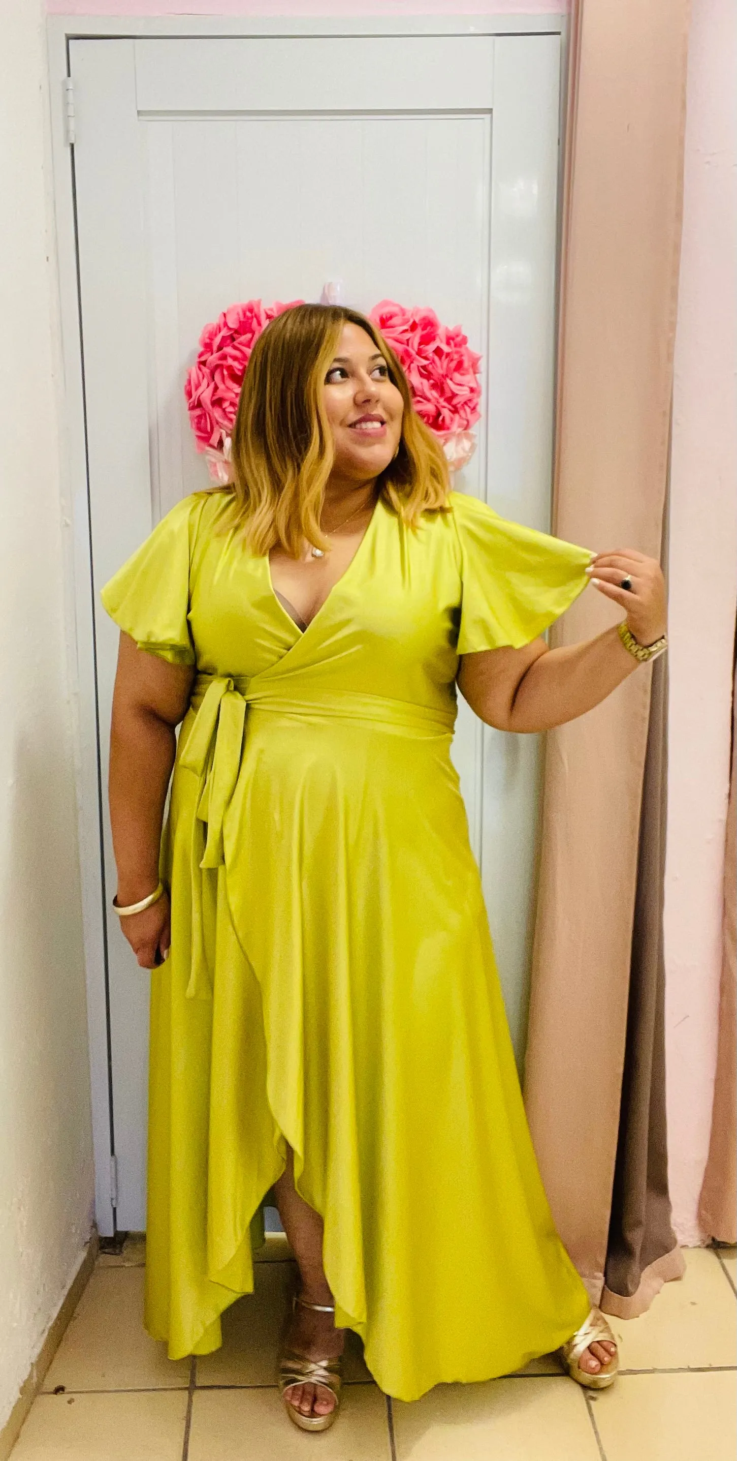 Wrap Around Dress with Cape Sleeves and Asymmetric Skirt