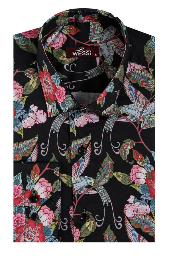 WSS Hummingbird And Floral Patterned Long Sleeves Black Men Shirt  - Singen
