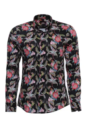 WSS Hummingbird And Floral Patterned Long Sleeves Black Men Shirt  - Singen