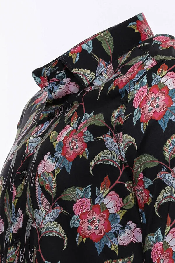 WSS Hummingbird And Floral Patterned Long Sleeves Black Men Shirt  - Singen