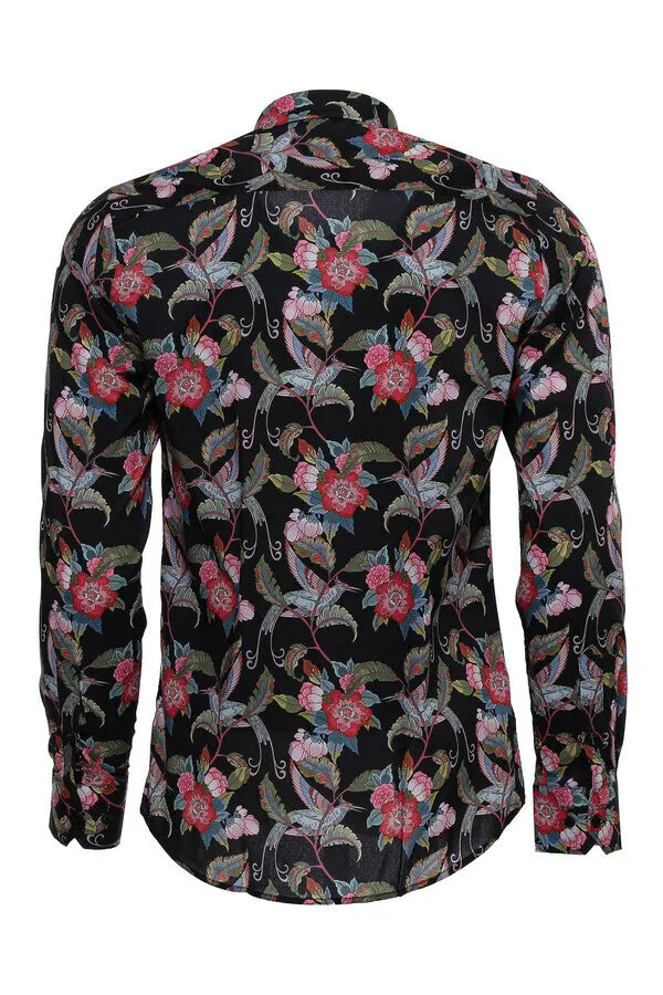 WSS Hummingbird And Floral Patterned Long Sleeves Black Men Shirt  - Singen