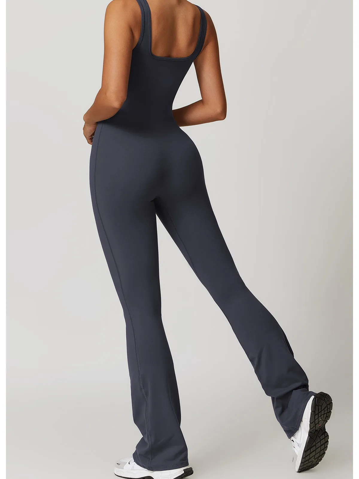 ZASUWA Female Solid Color U Collar Bell Bottom Flare Jumpsuits