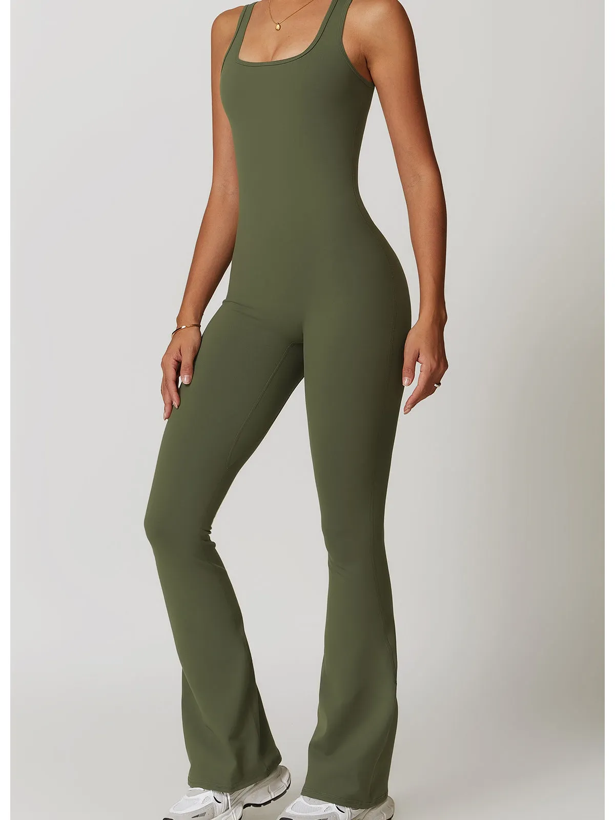 ZASUWA Female Solid Color U Collar Bell Bottom Flare Jumpsuits