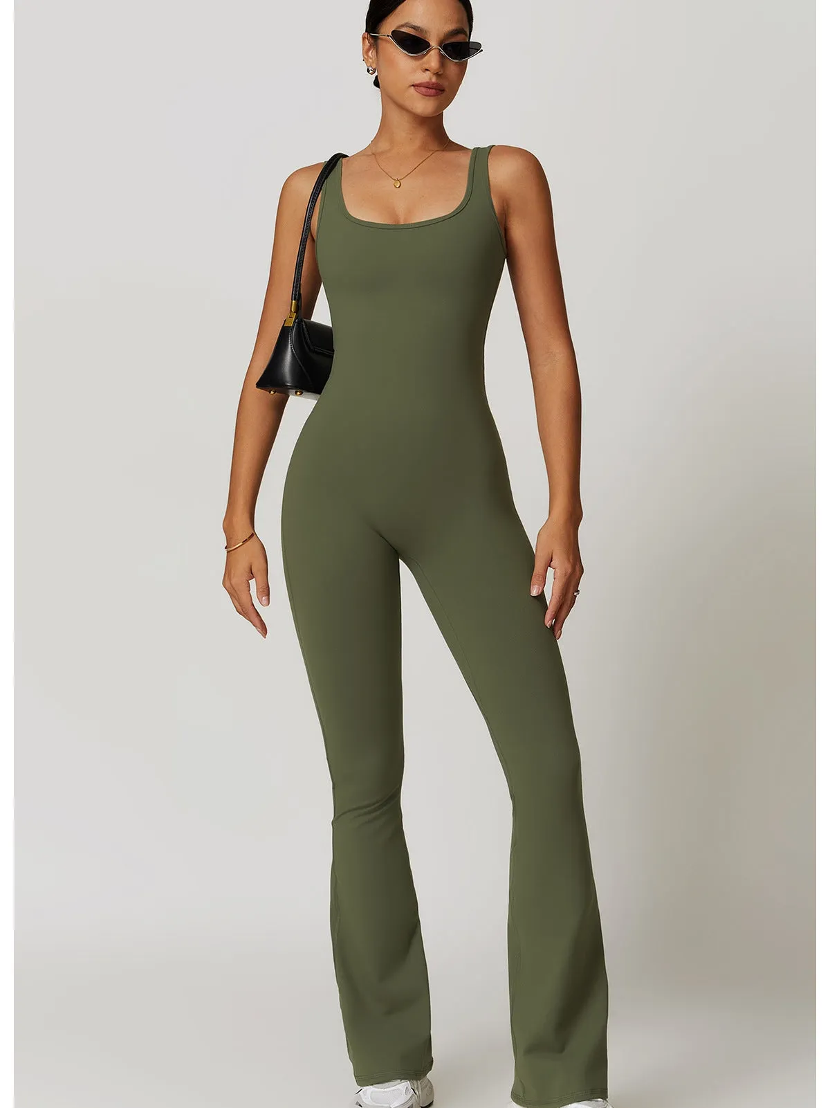ZASUWA Female Solid Color U Collar Bell Bottom Flare Jumpsuits